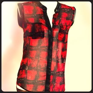 Red & Black sheer top with leather trim